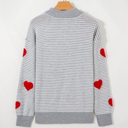 Gray Stripe Contrast Heart Pattern Valentine Knit Sweater