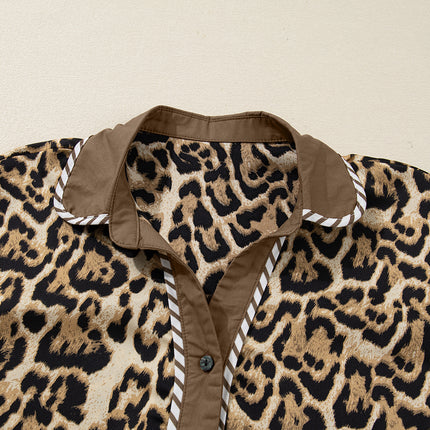 Brown Leopard Collared 3/4 Sleeve Shirt and Loose Pants Two Piece Outfit Set