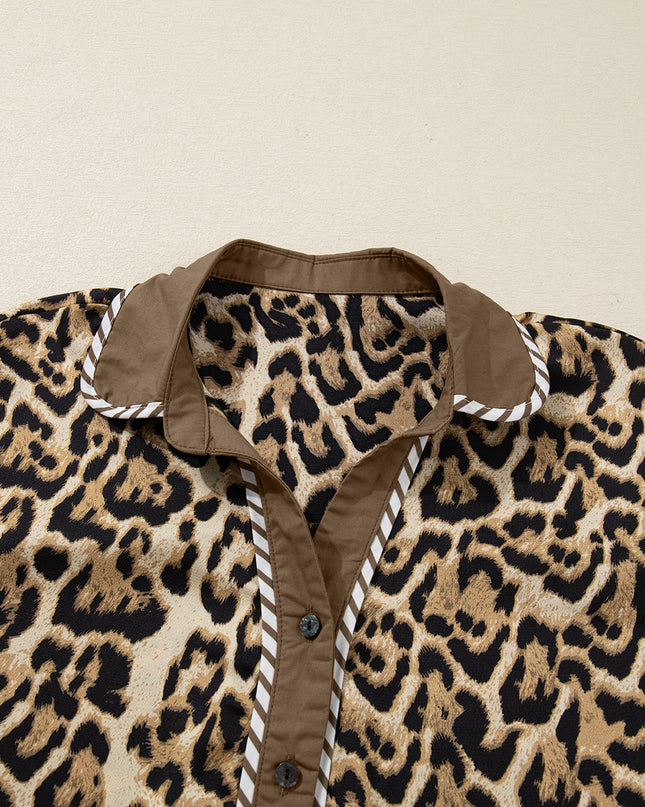 Brown Leopard Collared 3/4 Sleeve Shirt and Loose Pants Two Piece Outfit Set