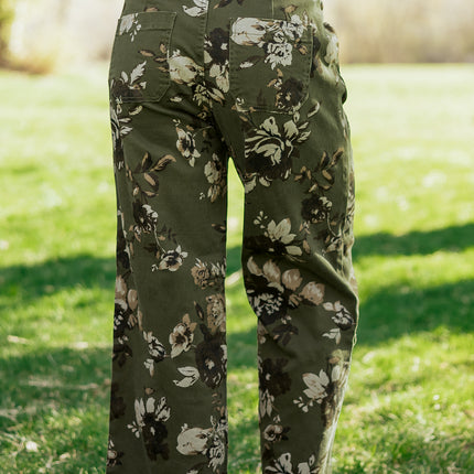 Green Vintage Floral Print Square Patch Pocket Raw Hem Shift Jeans