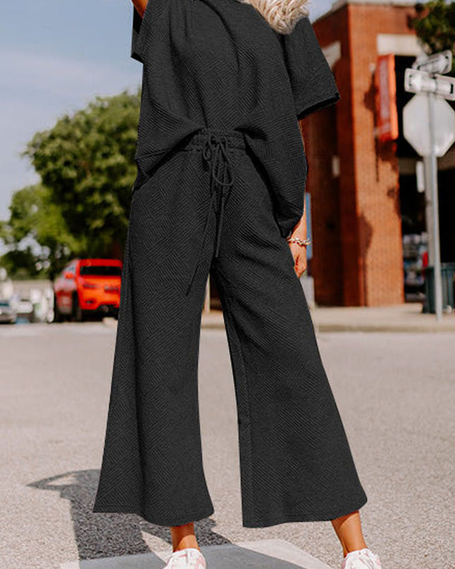 Black Textured Loose Fit T Shirt and Drawstring Pants Set