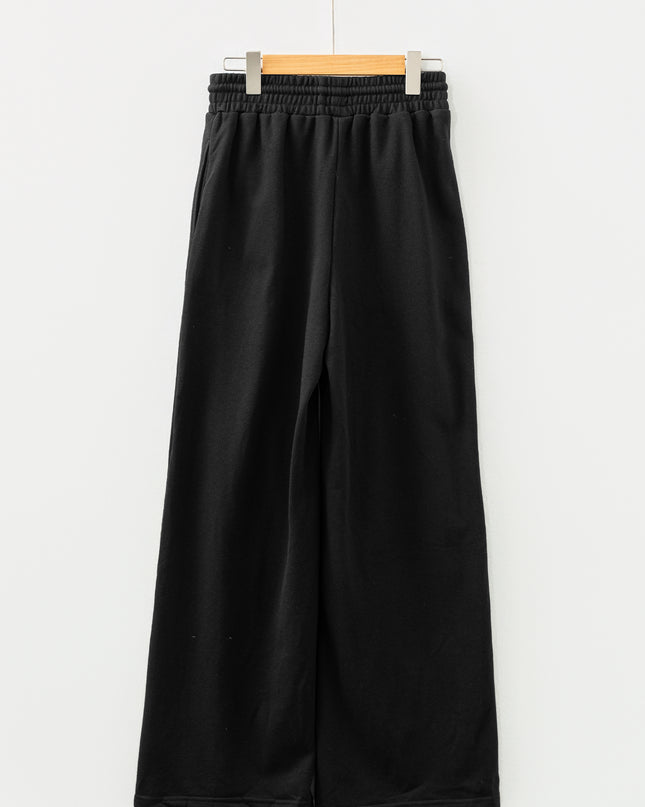 Black Seamed Drawstring High Waist Wide Leg Sweatpants