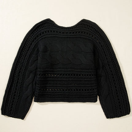 Smoke Gray Hollow-out Cable Knit Cropped Sweater