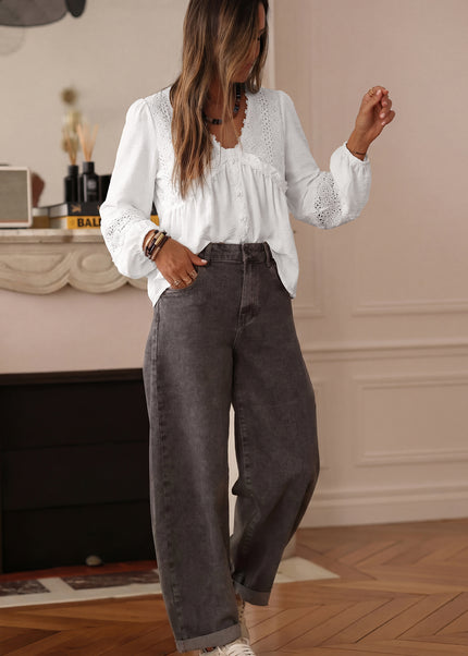 White Solid Color Floral Guipure Patchwork Frilled Long Sleeve Blouse