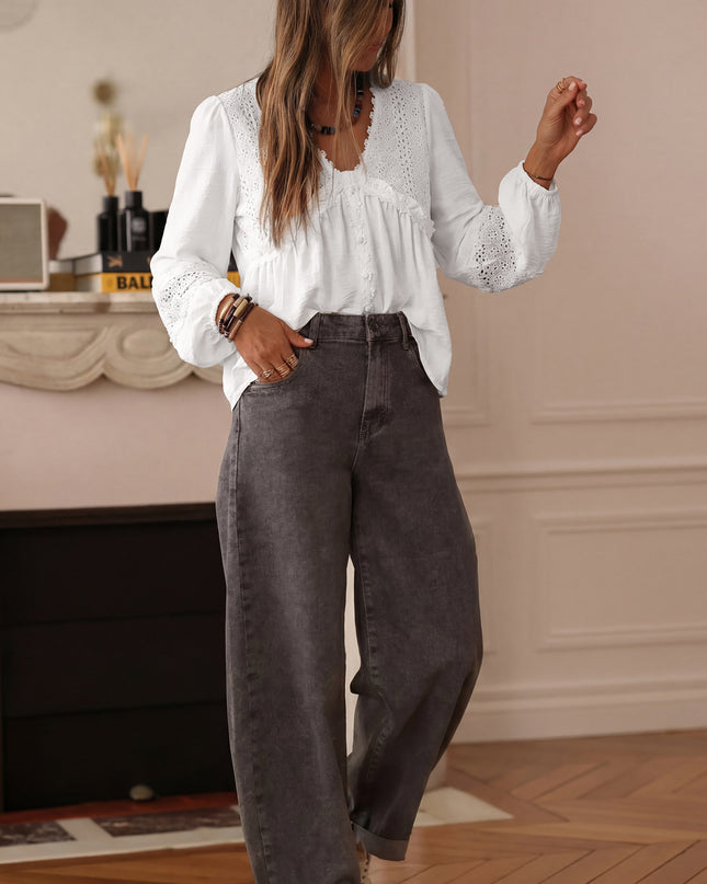 White Solid Color Floral Guipure Patchwork Frilled Long Sleeve Blouse