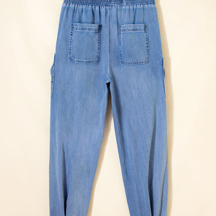 Beau Blue Drawstring Elastic Waist Pocketed Loose Denim Pants
