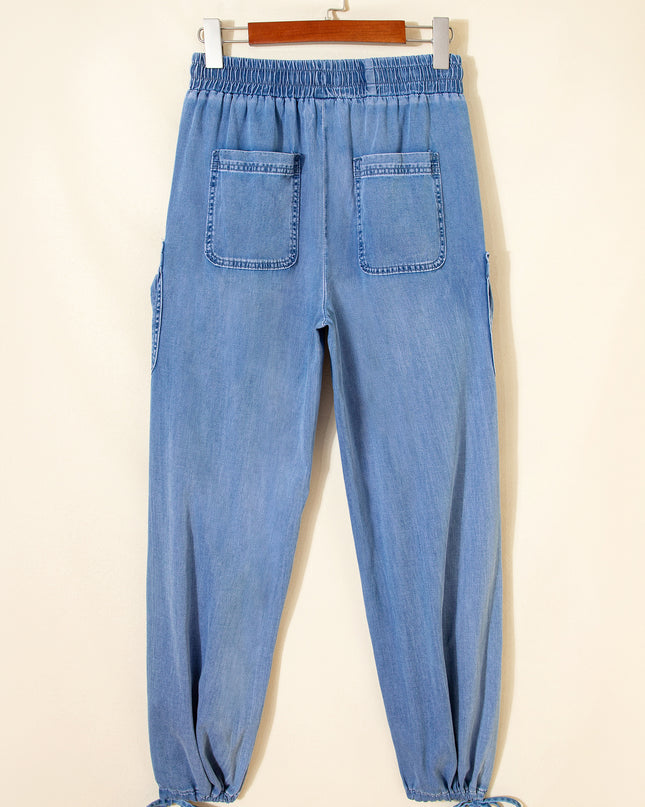 Beau Blue Drawstring Elastic Waist Pocketed Loose Denim Pants