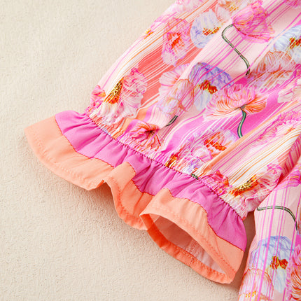 Pink Poppy Flower Striped Print Color Block Trim V Neck Short Sleeve Blouse