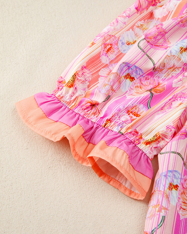 Pink Poppy Flower Striped Print Color Block Trim V Neck Short Sleeve Blouse