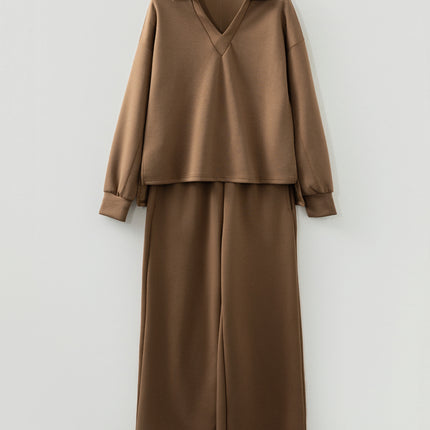 Coffee Solid Color V Neck Top and High Waist Pants Set