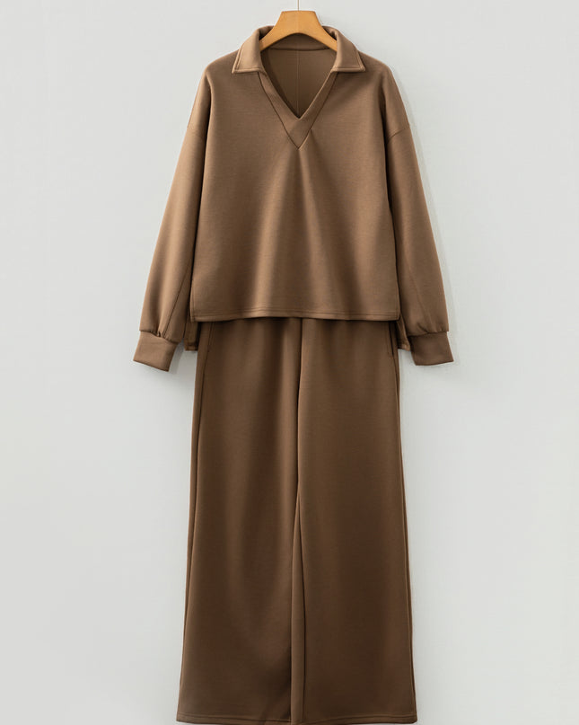 Coffee Solid Color V Neck Top and High Waist Pants Set