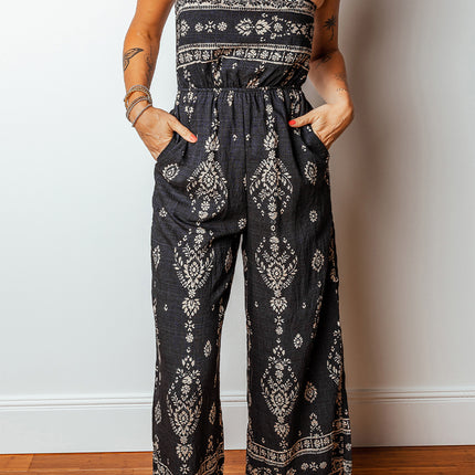 Black Spaghetti Straps Elastic Waist Loose Ethnic Print Jumpsuit