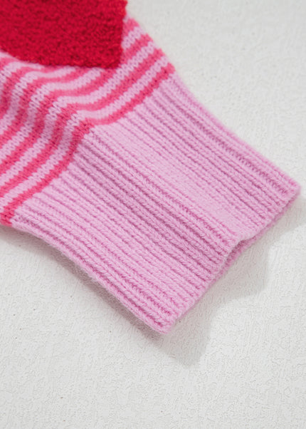 Gray Stripe Contrast Heart Pattern Valentine Knit Sweater