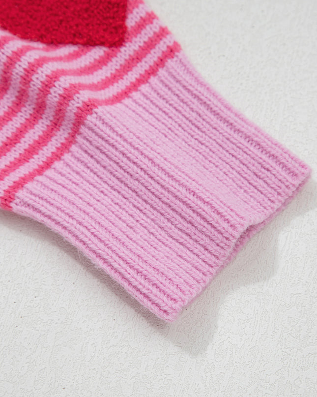 Gray Stripe Contrast Heart Pattern Valentine Knit Sweater
