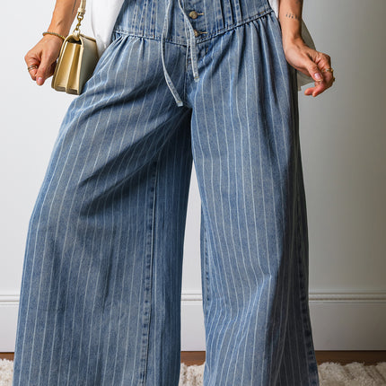 Sky Blue Stripe Button Pleated Drawstring Waist Casual Wide Leg Jeans