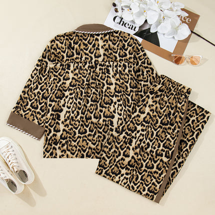Brown Leopard Collared 3/4 Sleeve Shirt and Loose Pants Two Piece Outfit Set