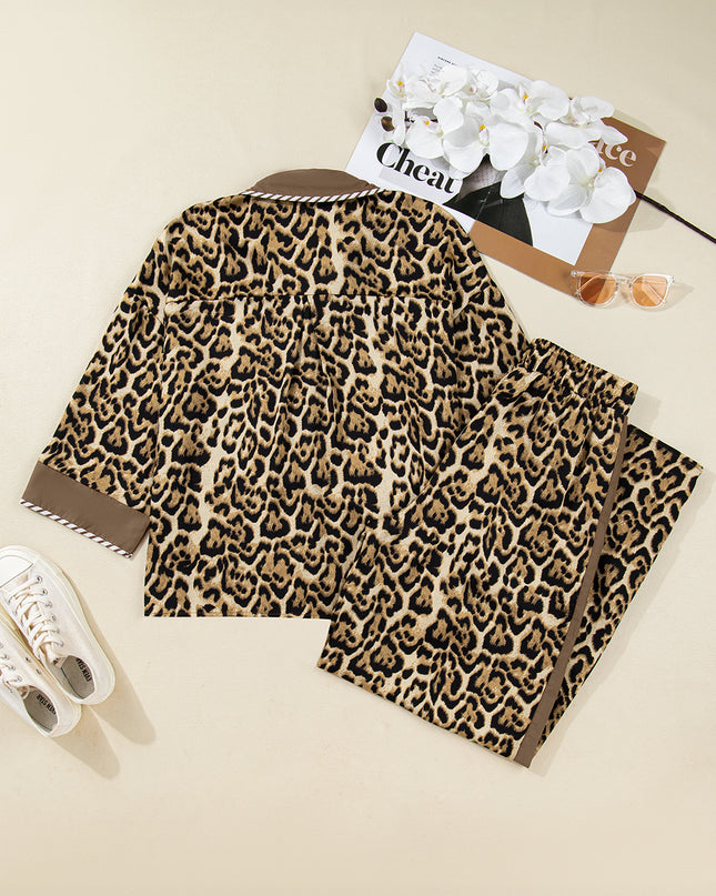Brown Leopard Collared 3/4 Sleeve Shirt and Loose Pants Two Piece Outfit Set