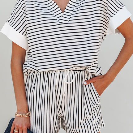 Black Stripe V Neck Tee and Casual Short Set
