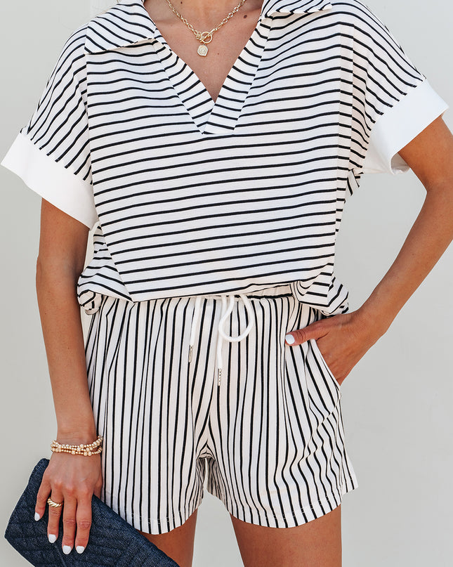 Black Stripe V Neck Tee and Casual Short Set