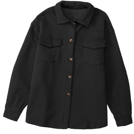 Black Retro Quilted Flap Pocket Button Shacket
