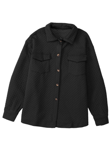 Black Retro Quilted Flap Pocket Button Shacket