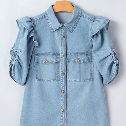 Myosotis Ruffle Detail Short Puff Sleeve Button Down Flap Pocket Denim Shirt