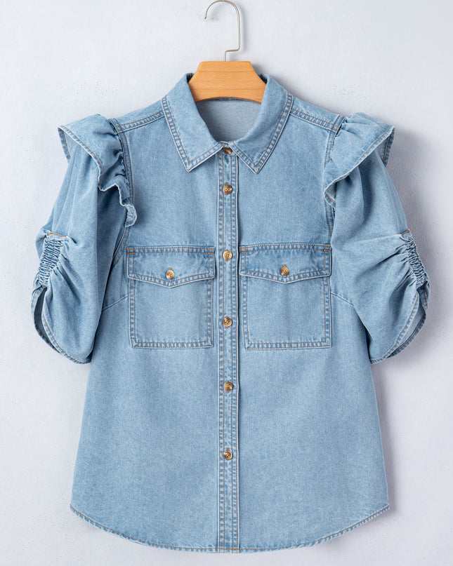 Myosotis Ruffle Detail Short Puff Sleeve Button Down Flap Pocket Denim Shirt