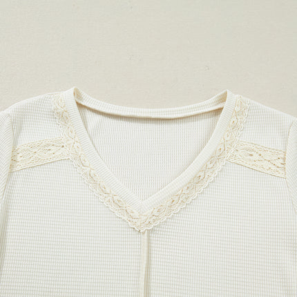 Beige Thermal Knit Lace Ruched Patchwork Long Sleeve V Neck Top