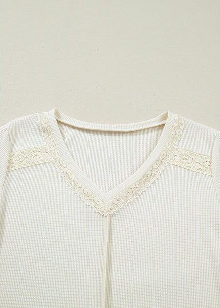 Beige Thermal Knit Lace Ruched Patchwork Long Sleeve V Neck Top