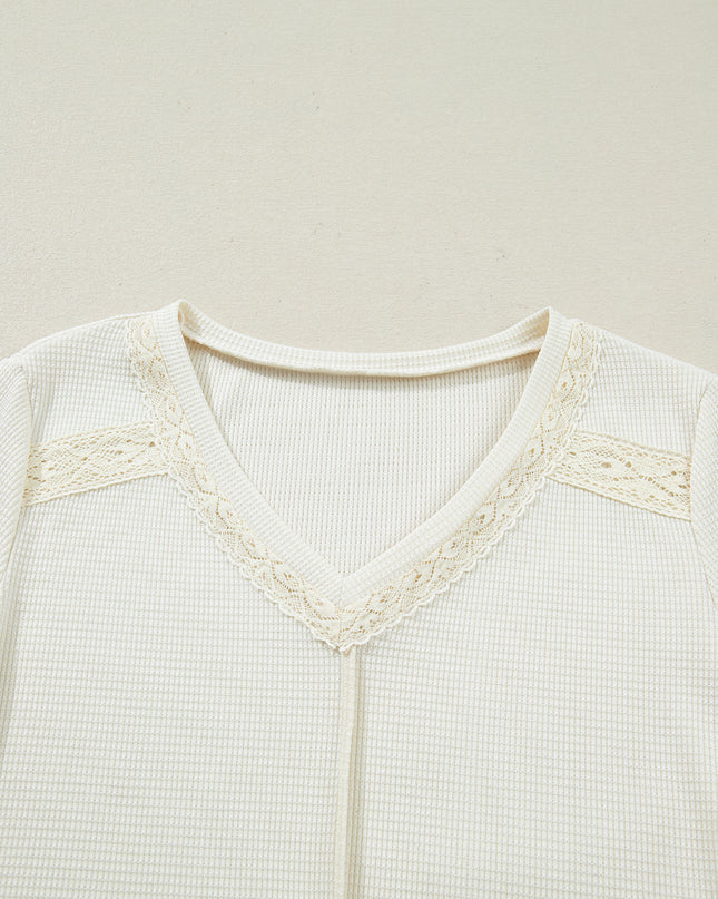 Beige Thermal Knit Lace Ruched Patchwork Long Sleeve V Neck Top