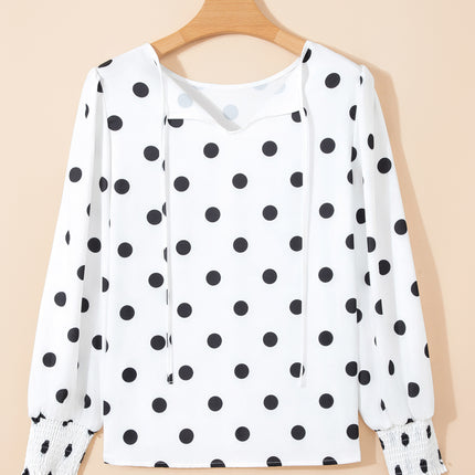 White Polka Dot Print Round Neck Frilled Long Sleeve Blouse
