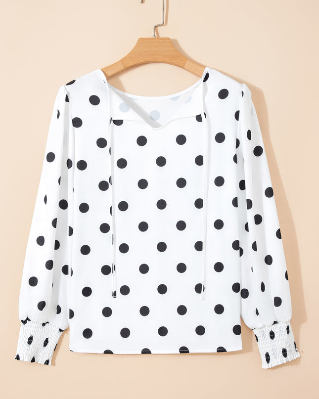 White Polka Dot Print Round Neck Frilled Long Sleeve Blouse