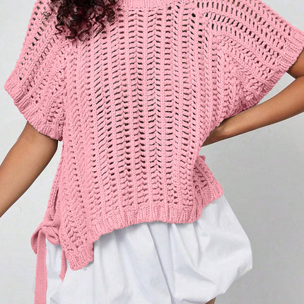 Apricot Plus Size Open Knit Bow Tie Short Sleeve Sweater