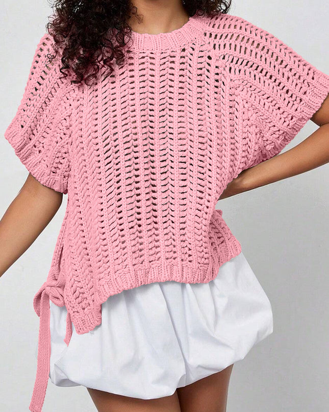 Apricot Plus Size Open Knit Bow Tie Short Sleeve Sweater