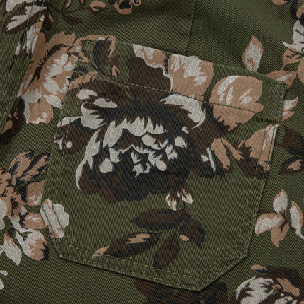 Green Vintage Floral Print Square Patch Pocket Raw Hem Shift Jeans