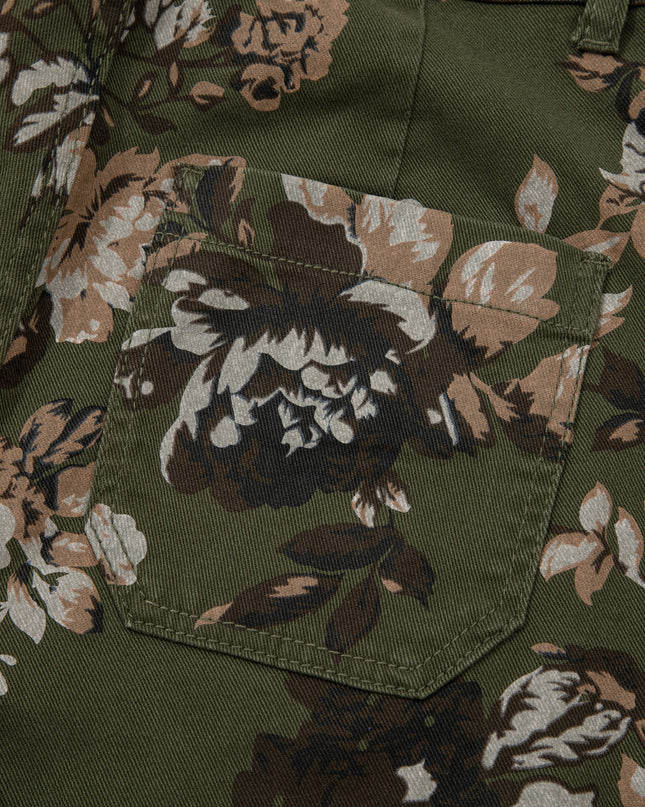Green Vintage Floral Print Square Patch Pocket Raw Hem Shift Jeans