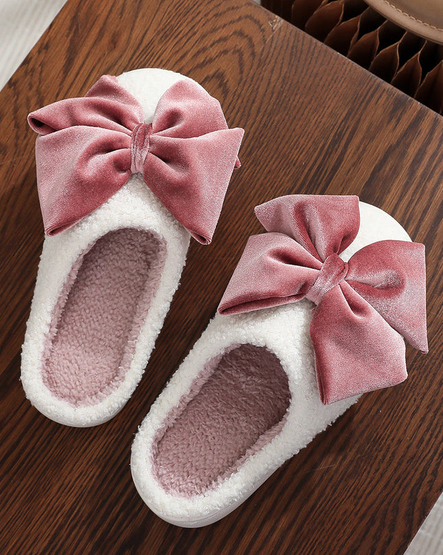 White Glister Ribbon Bow Decor Contrast Liner Plush Slippers