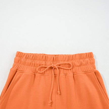 Flamingo Drop Shoulder Puff Sleeve Crop Pullover Drawstring Wide Leg Pants Set