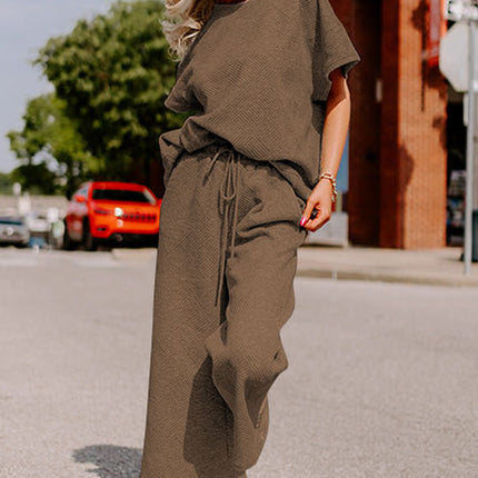 Black Textured Loose Fit T Shirt and Drawstring Pants Set