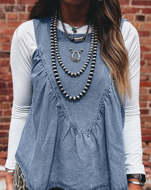 Myosotis Denim Pleated Patchwork Sleeveless Top