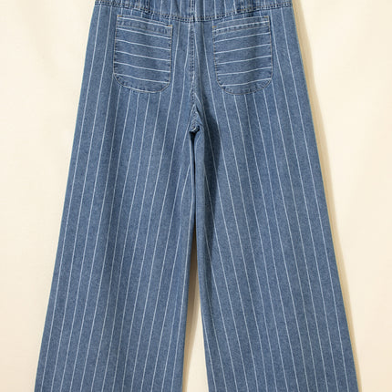 Sky Blue Stripe Button Pleated Drawstring Waist Casual Wide Leg Jeans