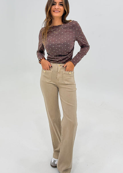 Dark Brown Polka Dot Boat Neck Knit Long Sleeve T Shirt