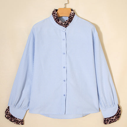 Sky Blue Stripe Ruffled Leopard Patchwork Long Sleeve Button Down Loose Shirt