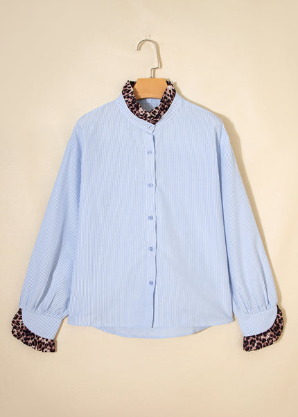 Sky Blue Stripe Ruffled Leopard Patchwork Long Sleeve Button Down Loose Shirt