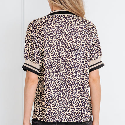 Khaki Leopard Print Half Zip Striped Trim Patchwork Short Sleeve Top