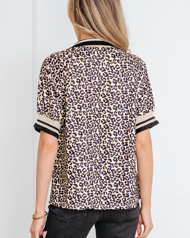 Khaki Leopard Print Half Zip Striped Trim Patchwork Short Sleeve Top