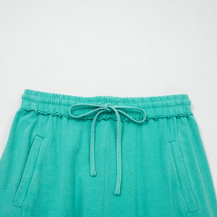 Sea Green Drawstring Elastic Waist Raw Hem Loose Pants