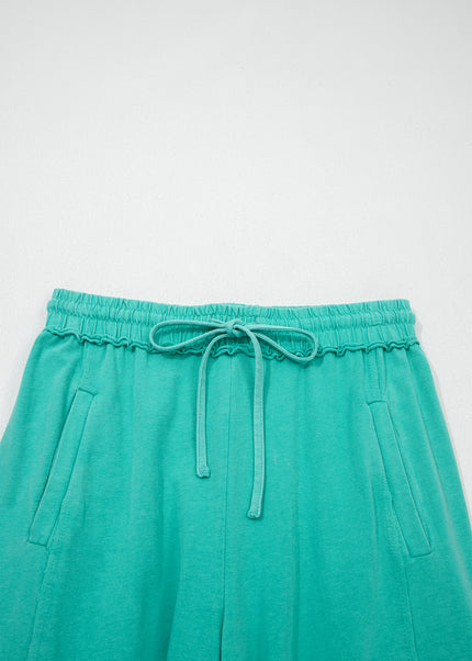 Sea Green Drawstring Elastic Waist Raw Hem Loose Pants