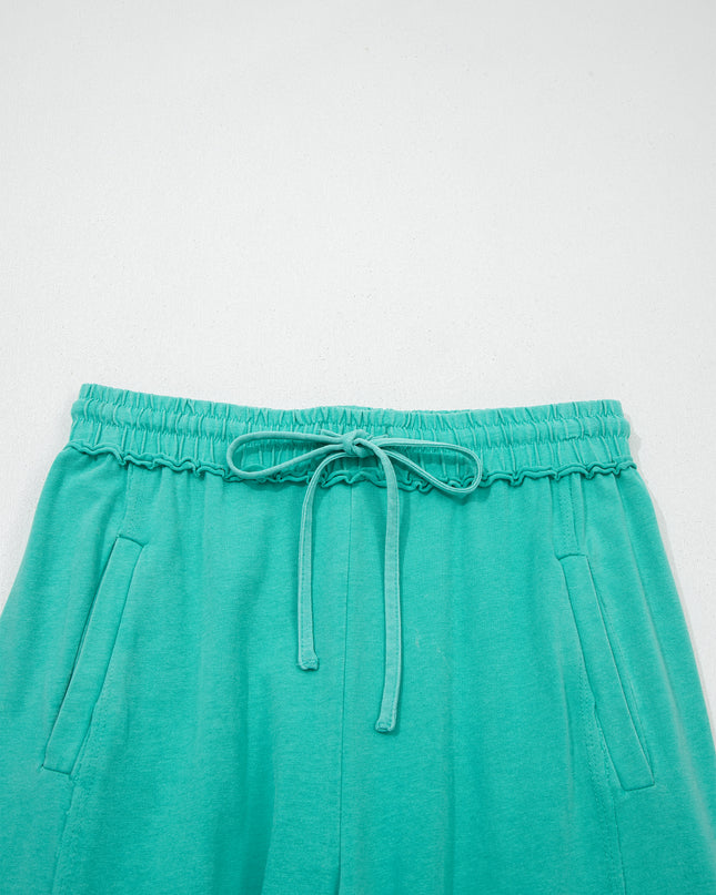 Sea Green Drawstring Elastic Waist Raw Hem Loose Pants