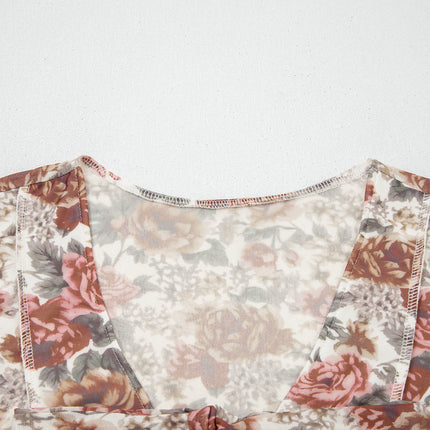 Red Floral Print Stitched Detail Tie V Neck Long Bell Sleeve Blouse